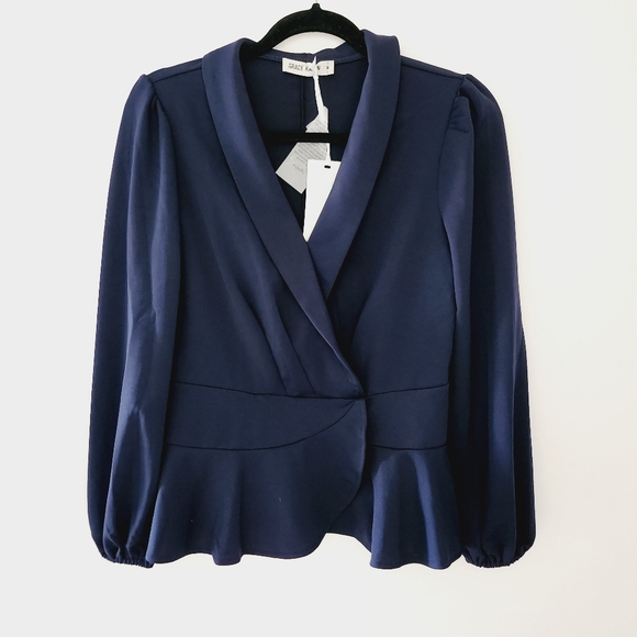 NWT GRACE KARIN navy long sleeves wrap v-neck blouse - Picture 3 of 8
